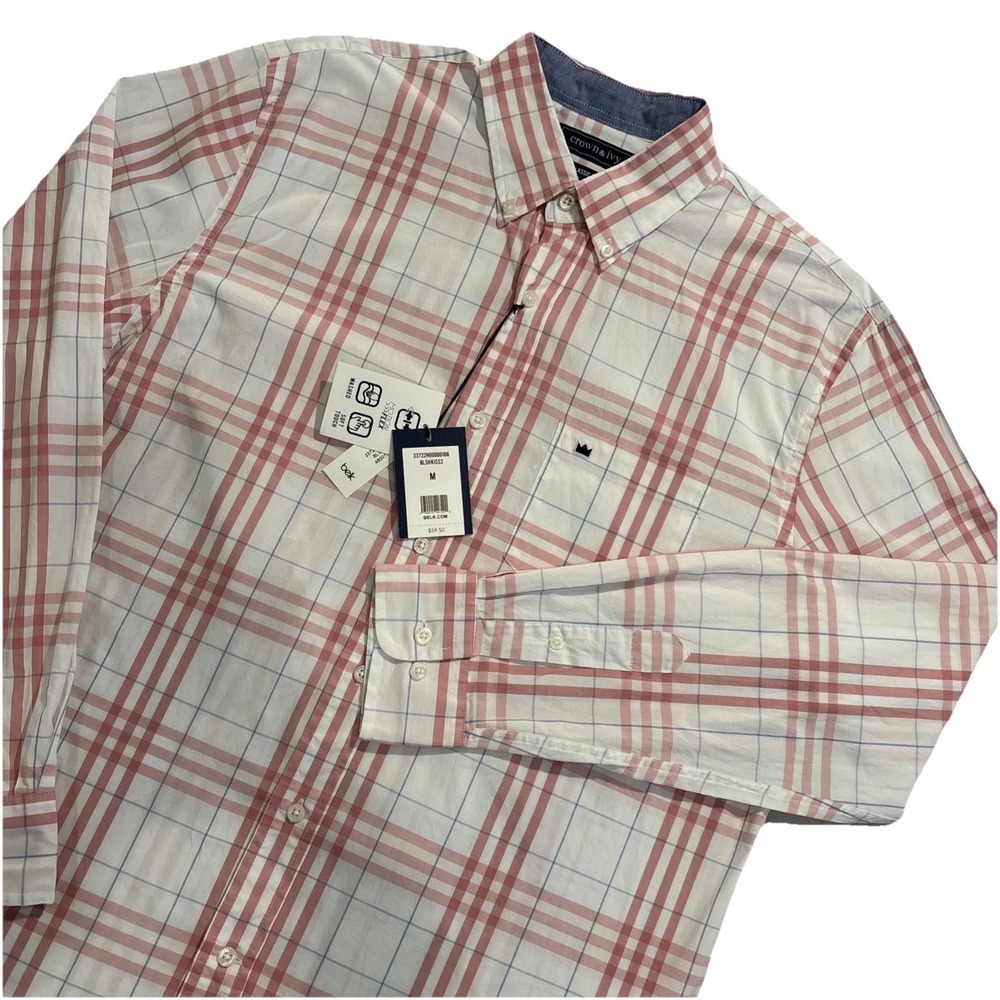 NWT Crown & Ivy MEDIUM PINK Plaid Classic Fit MOTION FLEX Button Down STRETCH - Picture 2 of 8